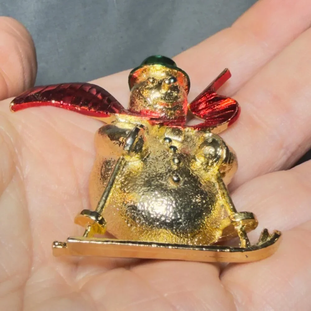 Gerry’s Snowman Brooch Red Scarf Christmas Skating Pin 2”